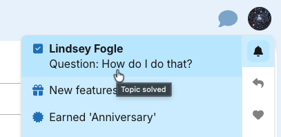 The notification members will see when a Tracked or Watched topic is solved.