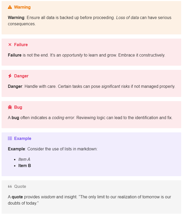 The image presents a warning about protecting data, a message about viewing failure constructively, a caution on managing tasks with care, an explanation of bugs in code, an example of using markdown lists, and a motivational quote about not letting doubts limit one's potential. (Captioned by AI)