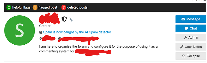 This image appears to be a screenshot of a forum or message board, showing the profile details of the user called "Spam," who is redacted, along with various buttons and options related to the forum's administration and management. (Captioned by AI)
