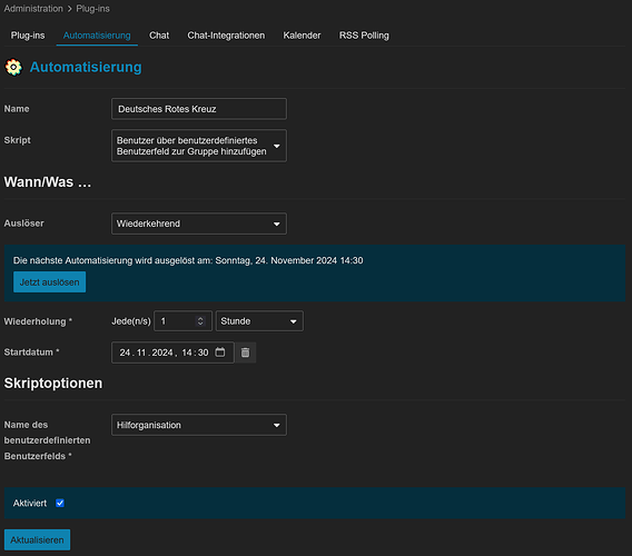This image appears to be a screenshot of a German-language website, likely for administrative purposes, with a prominent blue bar at the top and a large blue button labeled "Jetzt auslösen" (meaning "Trigger now" in English). (Captioned by AI)