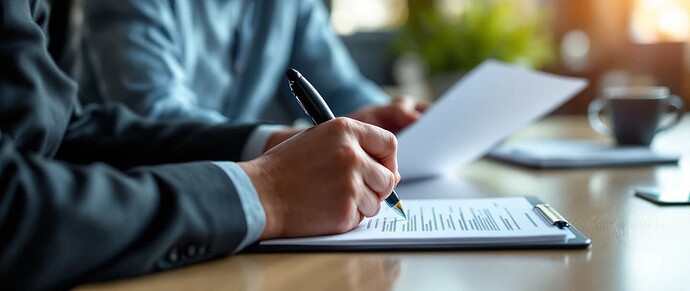 A person in a business suit is writing on a piece of paper with a pen at a table, pointing at a graph. (Captioned by AI)
