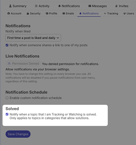The setting that controls whether notifications are sent on solved or not.