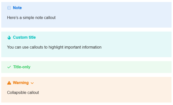 The image shows different types of annotation tool callouts, including a note, custom title, collapsible warning, and a title-only note. (Captioned by AI)