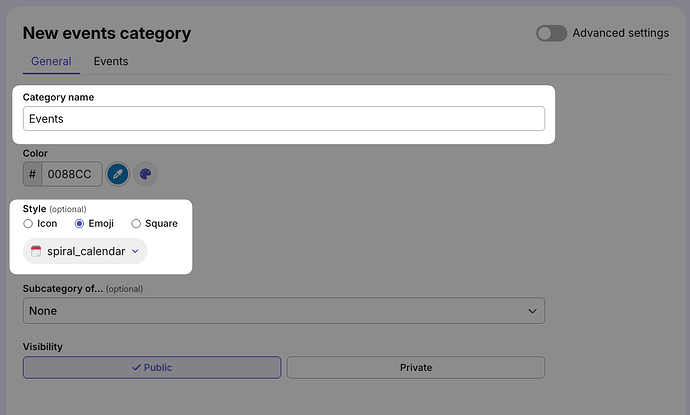 The Category name and Style fields are automatically populated for events type categories.