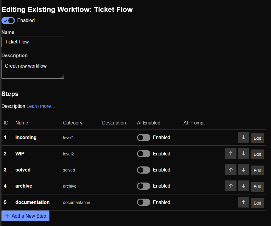 The image displays a configuration page for an "Existing Workflow" titled "Ticket Flow," which includes enabled/disabled toggle options for an AI feature and steps such as "incoming," "WIP," "solved," "archive," and "documentation" within a ticketing system. (Captioned by AI)