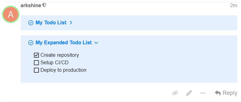 The image shows a Todoist project titled "arkshine" with checkboxes for "Create repository," "Setup CI/CD," and "Deploy to production" under "My Expanded Todo List," and options "My Todo List" and "My Expanded Todo List" visible. (Captioned by AI)