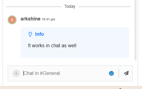 The image displays a chat message notification stating that "It works in chat as well." (Captioned by AI)