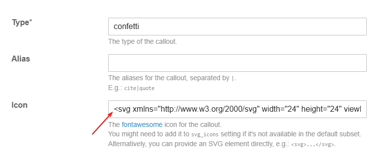 The image shows a form interface for adding a confetti callout with options for type, alias, and an SVG icon with specified width and height dimensions. (Captioned by AI)