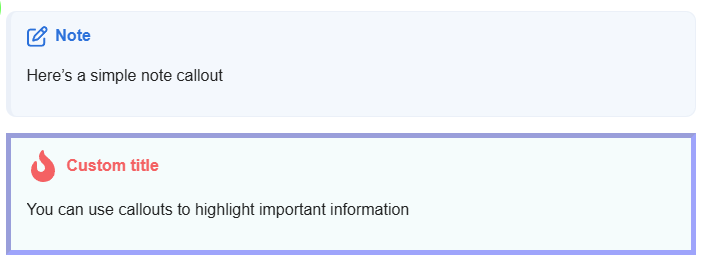 The image displays two text callouts: one highlighting that it's a simple note with an icon, and the other suggests using callouts to highlight important information with a flame icon. (Captioned by AI)