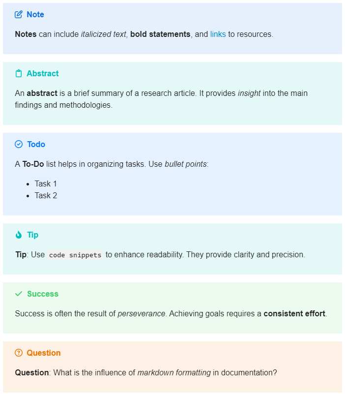 The image displays markdown notation examples for notes, abstracts, to-do lists, tips, and questions, illustrating the use of italics, bold text, links, formatted items, bullet points, code snippets, and check marks. (Captioned by AI)