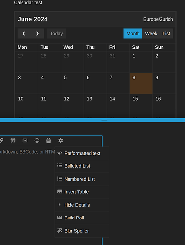 The image shows a calendar interface for the month of June 2024, set for the Europe/Zurich time zone, with the date 8th highlighted and options for formatting text, creating lists, tables, polls, and hiding content displayed below the calendar. (Captioned by AI)