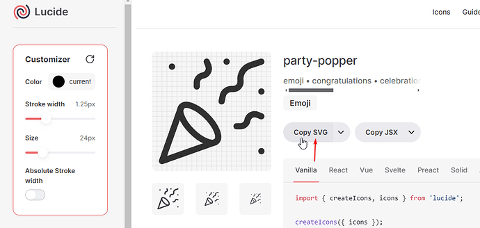 The image displays the Lucide app interface with a customizable icon drawer, showcasing an emoji-style "party-popper" icon example and a code snippet highlighting how to import icons from Lucide using SVG and JSX formats. (Captioned by AI)