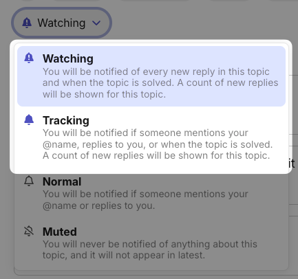 The Watching and Tracking descriptions in a Solved category topic.