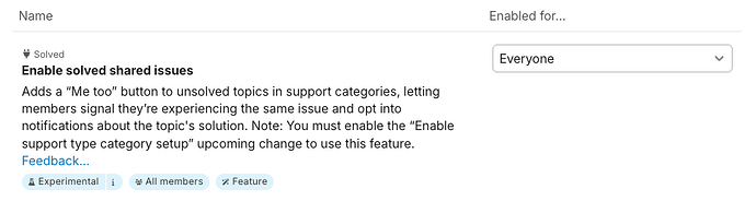 The "Enable solved shared issues" upcoming change item, which you can enable to add the "Me too" button to unsolved topics.