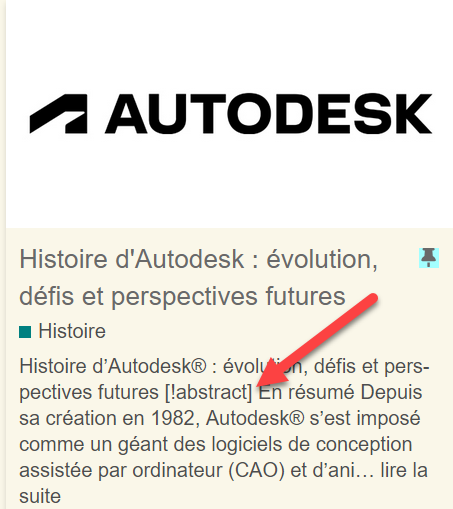 The image shows the Autodesk logo along with a text in French discussing the history, evolution, definitions, and future perspectives of Autodesk software since its creation in 1982. (Captioned by AI)