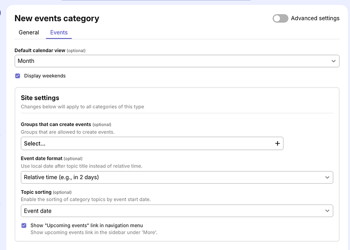 The Events tab shows all the settings that are preconfigured for this category type.