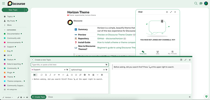 The image shows the interface of the Discourse platform on a "Horizon Theme" page, with a chat box labeled "YOU HAVE NOT JOINED ANY CHANNELS, YET!" and various menu options visible on the left and right sides of the screen. (Captioned by AI)