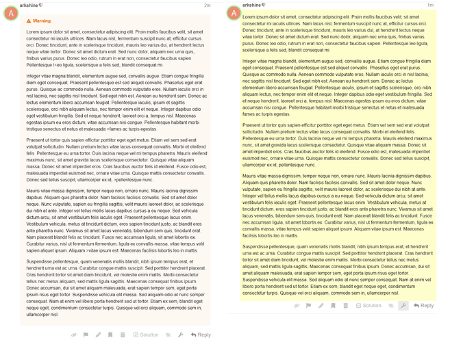 The image presents a split-screen document with two columns filled with two identical sets of placeholder text (Lorem Ipsum), each marked by a "A" symbol in green circles at their top positions. A warning message, text box, and dialog box are situated above the left text. (Captioned by AI)