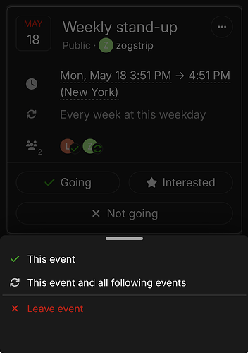 On mobile, when the user taps "Going" on a recurring event, a menu opens to let members RSVP to just the next occurrence or all future occurrences of the event.