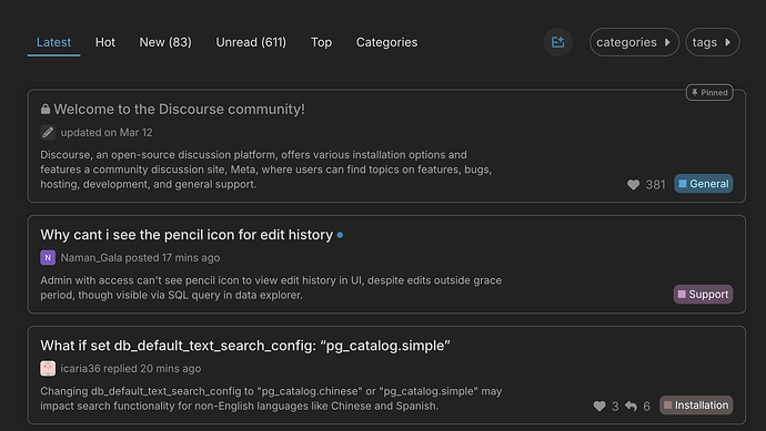 The image displays a screenshot of a Discord-style community forum postboard webpage, featuring user discussions about features and issues related to the Discourse community platform. (Captioned by AI)