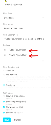 Custom user feilds dialog